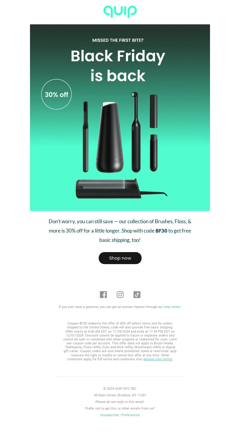 A minimalistic Black Friday email from quip