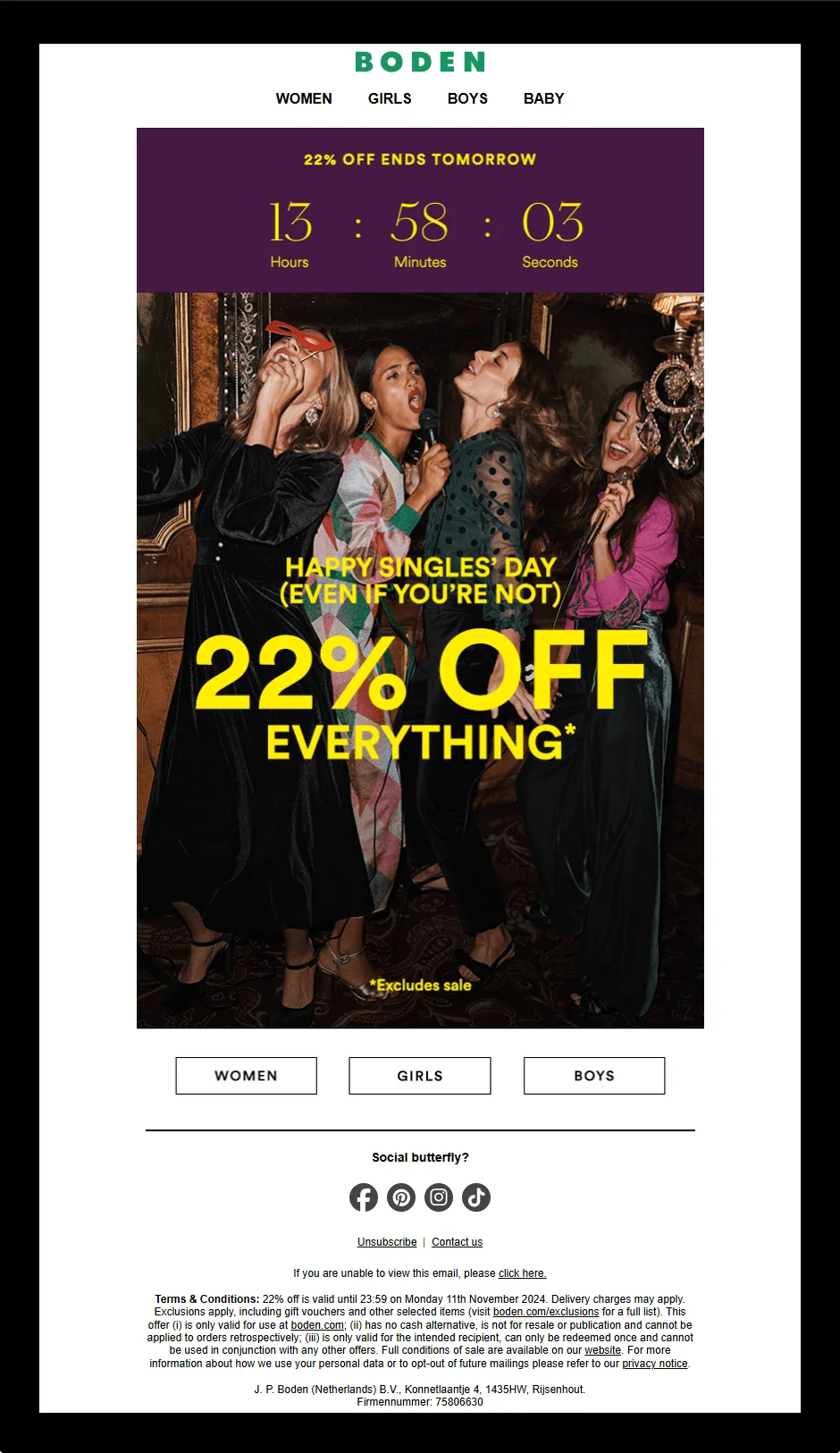 An email by Boden, offering a promo code for the Singles Day