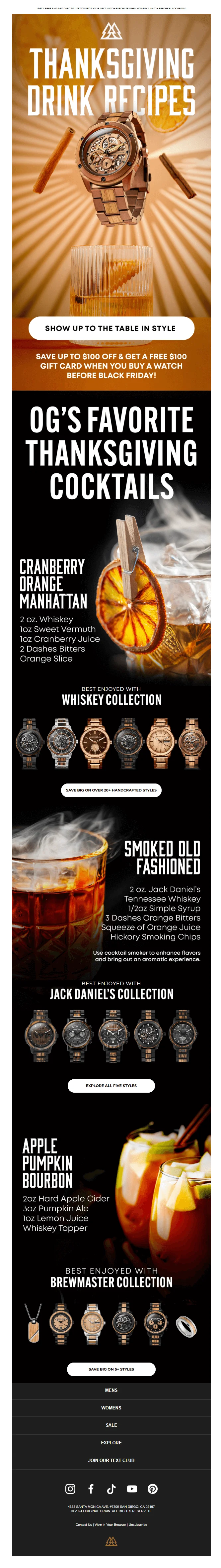 An email by the watch brand Original Grain, with Thanksgiving drinks recipes