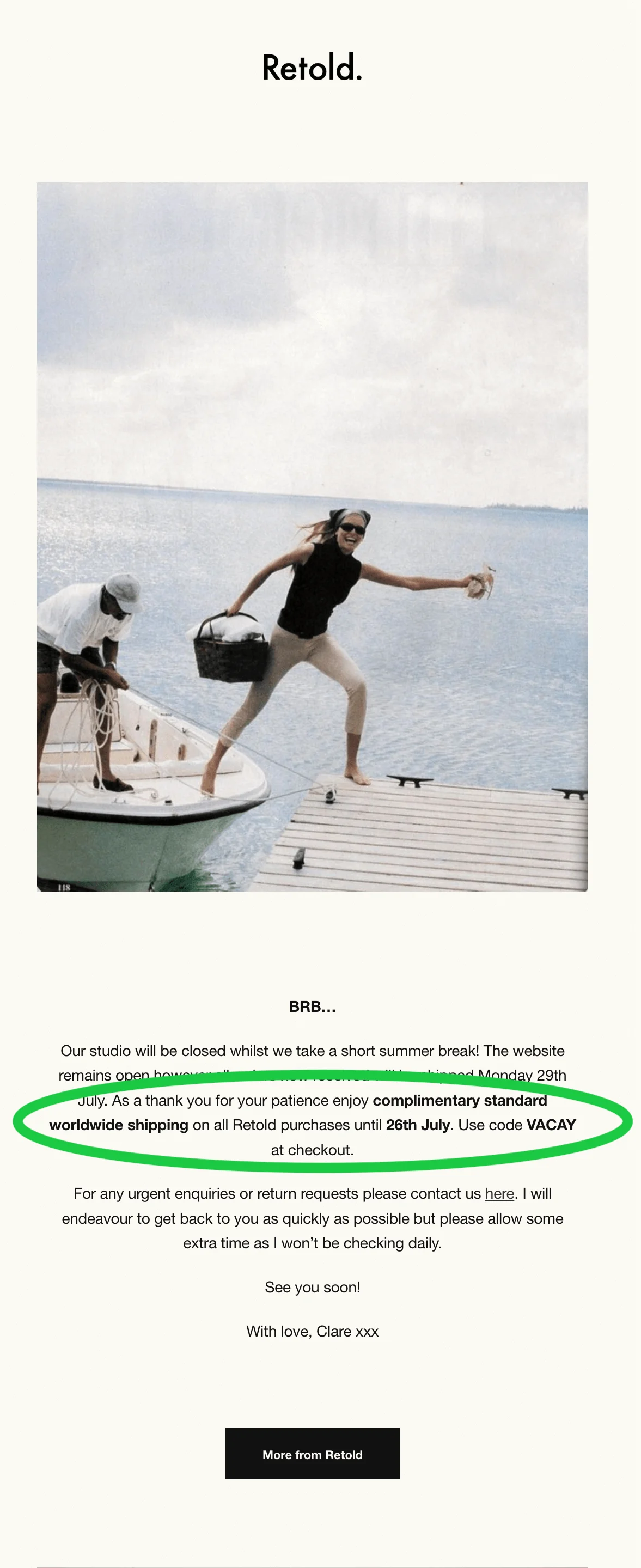 An email from Retold Vintage about free shipping with a code