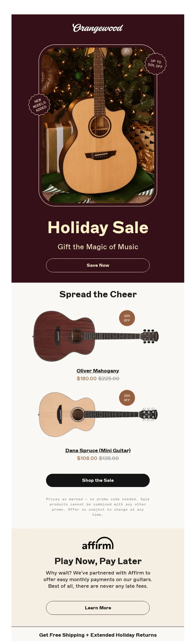 Orangewood Guitars email offers two different guitars only and promotes a buy-now-pay-later service