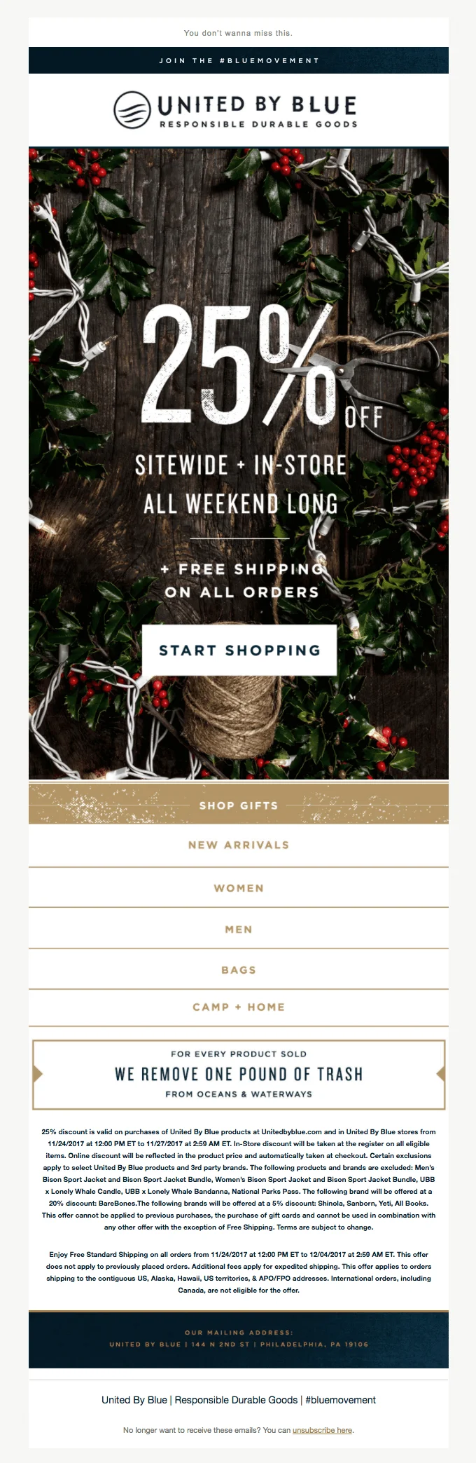 An email from United by Blue offering a 25% discount and free shipping on all orders