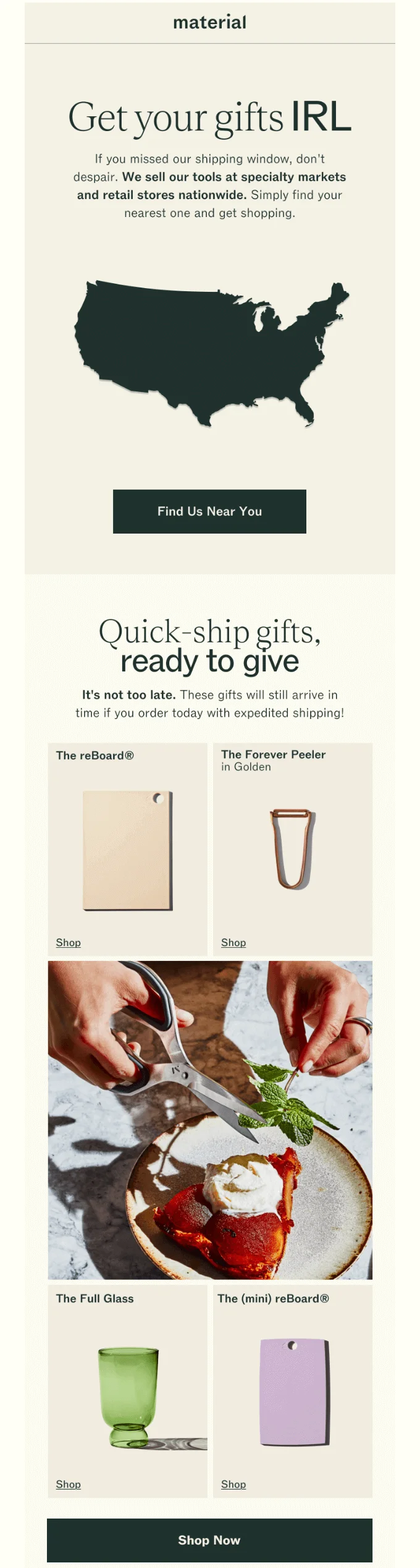 This aftersale email from Material encourages people to go to the brand's physical stores and reminds them about express delivery.