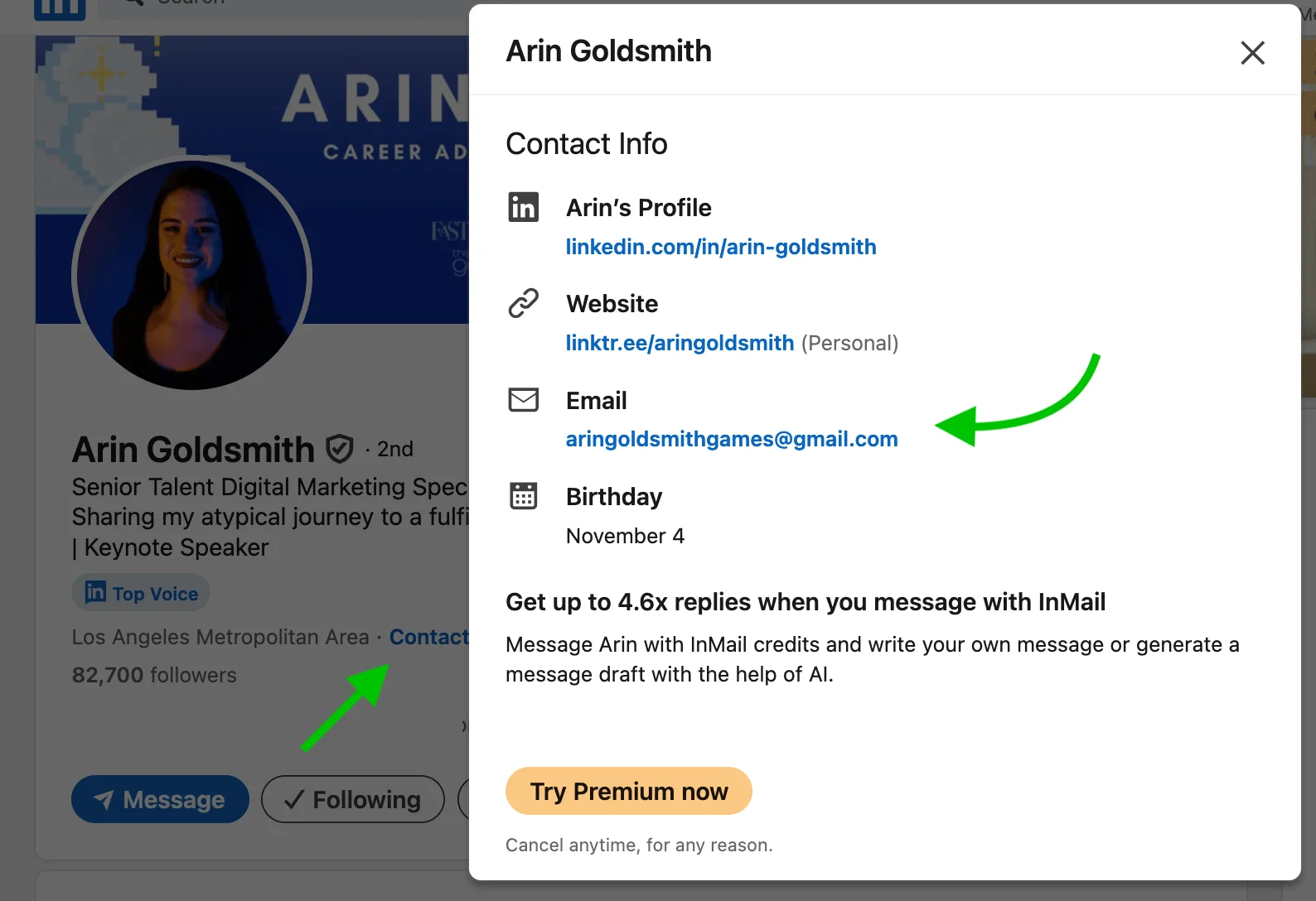 Arin Goldsmith’s Contact Info section on LinkedIn with a link to the profile itself, a website, an email address, and a birthday