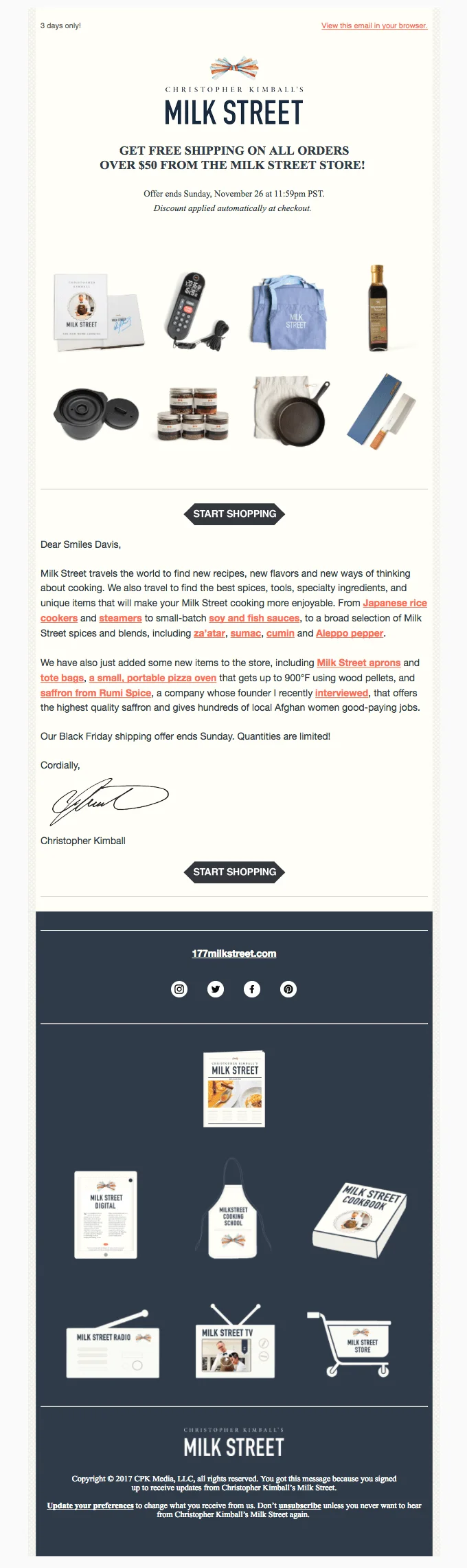 An email from Milk Street offering free shipping on orders over $50