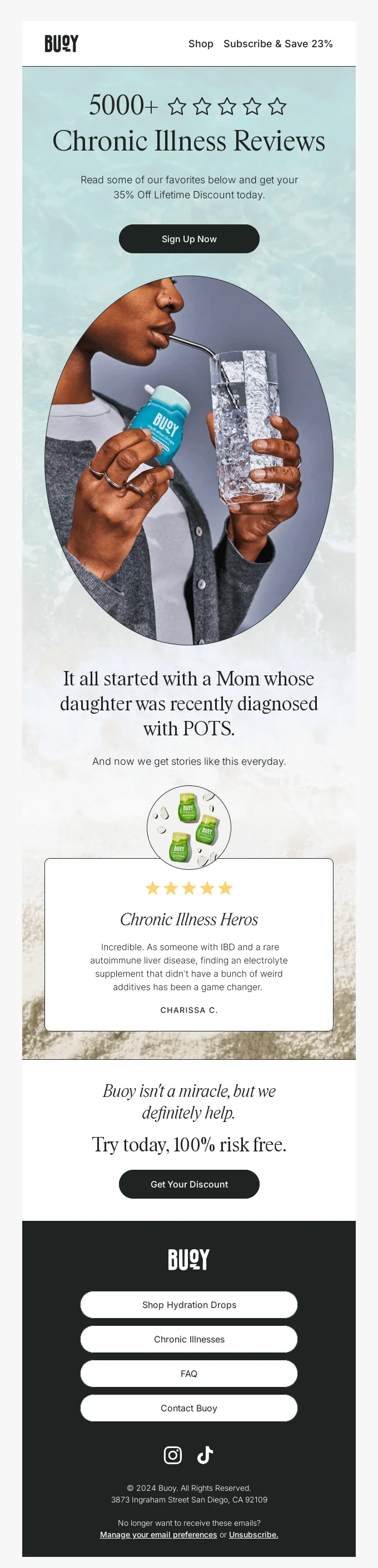 An email from Buoy displays a testimonial from a customer and expresses gratitude for over 5,000 reviews their customers with chronic illnesses left