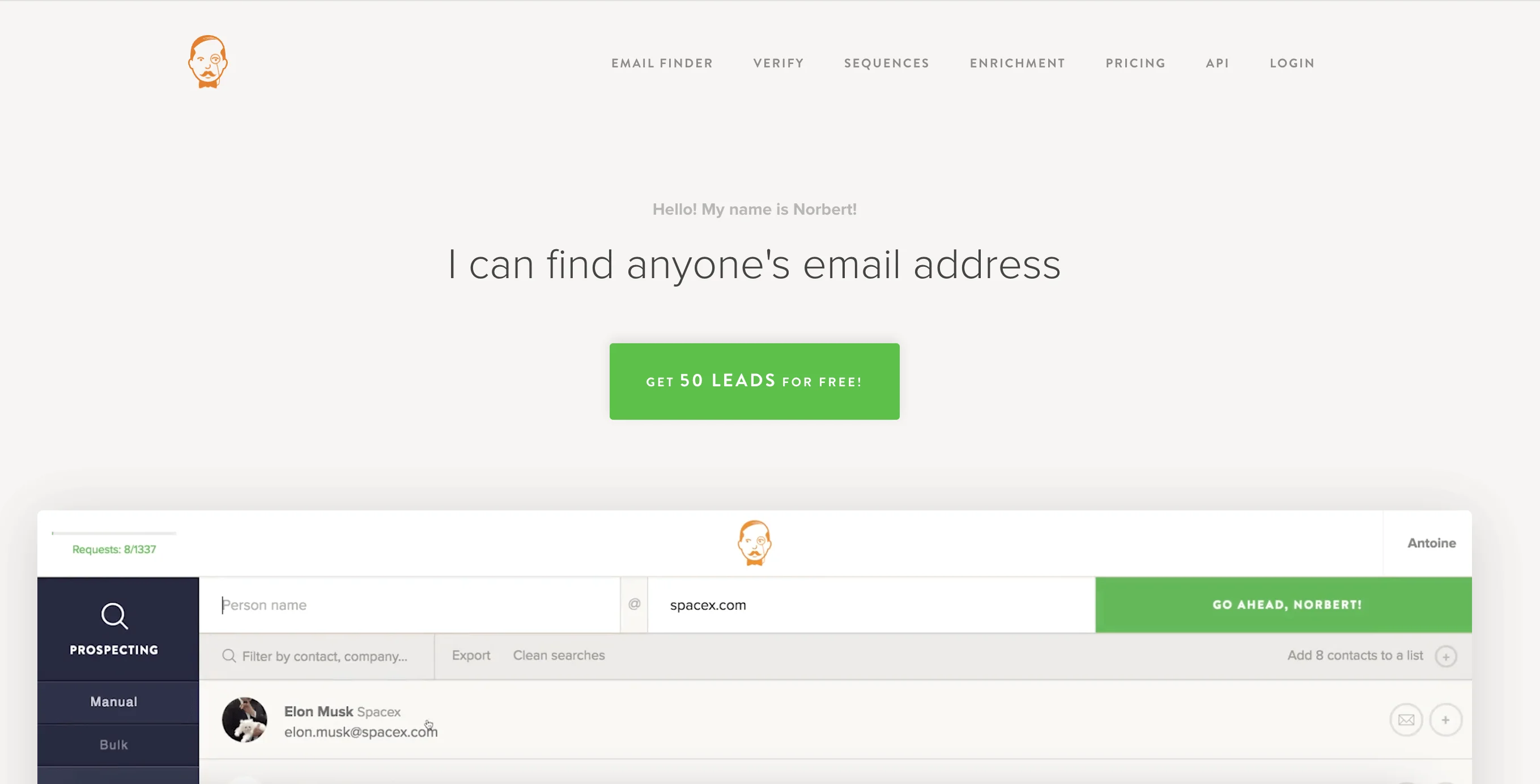 Voila Norbert homepage with the heading “I can find anyone’s email address” and a screenshot of the tool’s search bar