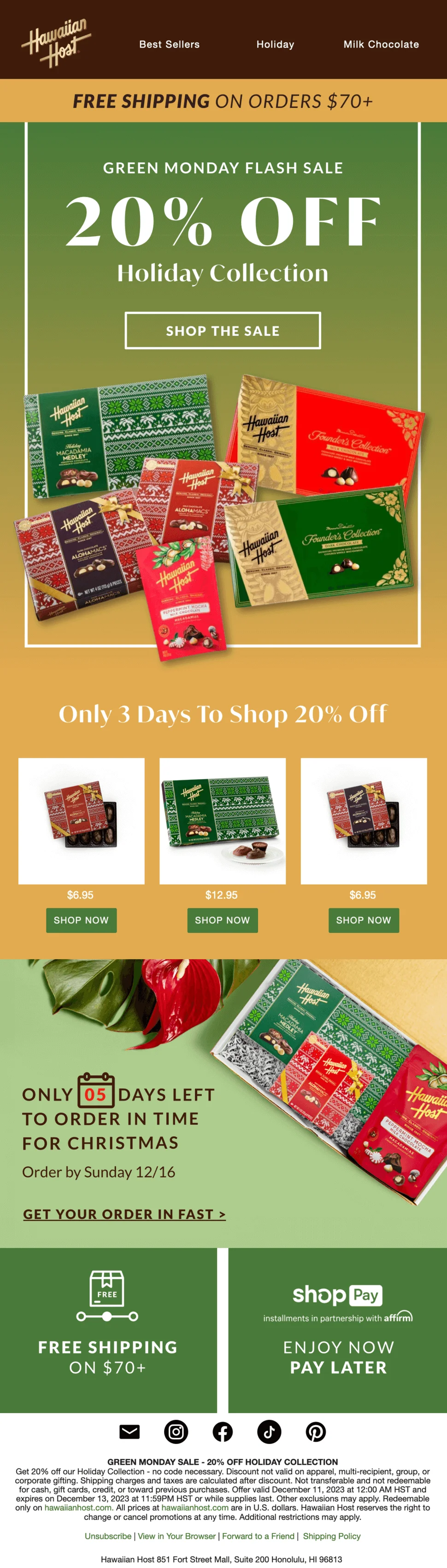 Hawaiian Host email promoting Green Monday flash sale with 20% off with free shipping
