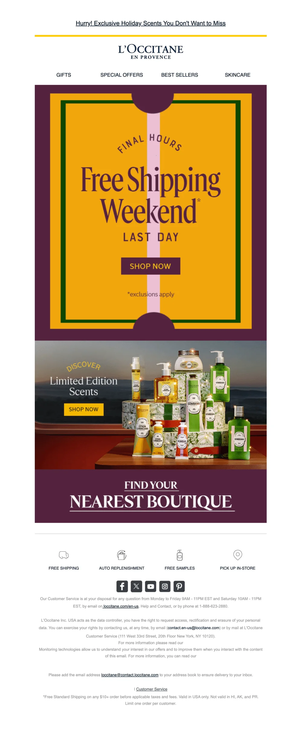 An email from L’Occitane announcing free shipping weekend’s last day with a CTA “Shop now”