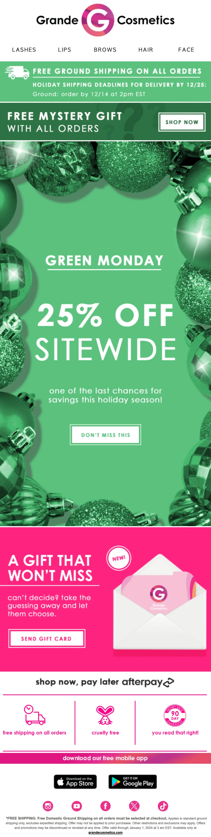 A Green Monday email campaign by Grande Naturals with the hero text saying “25% off sitewide” and suggesting to buy gift cards that will likely cater to everyone