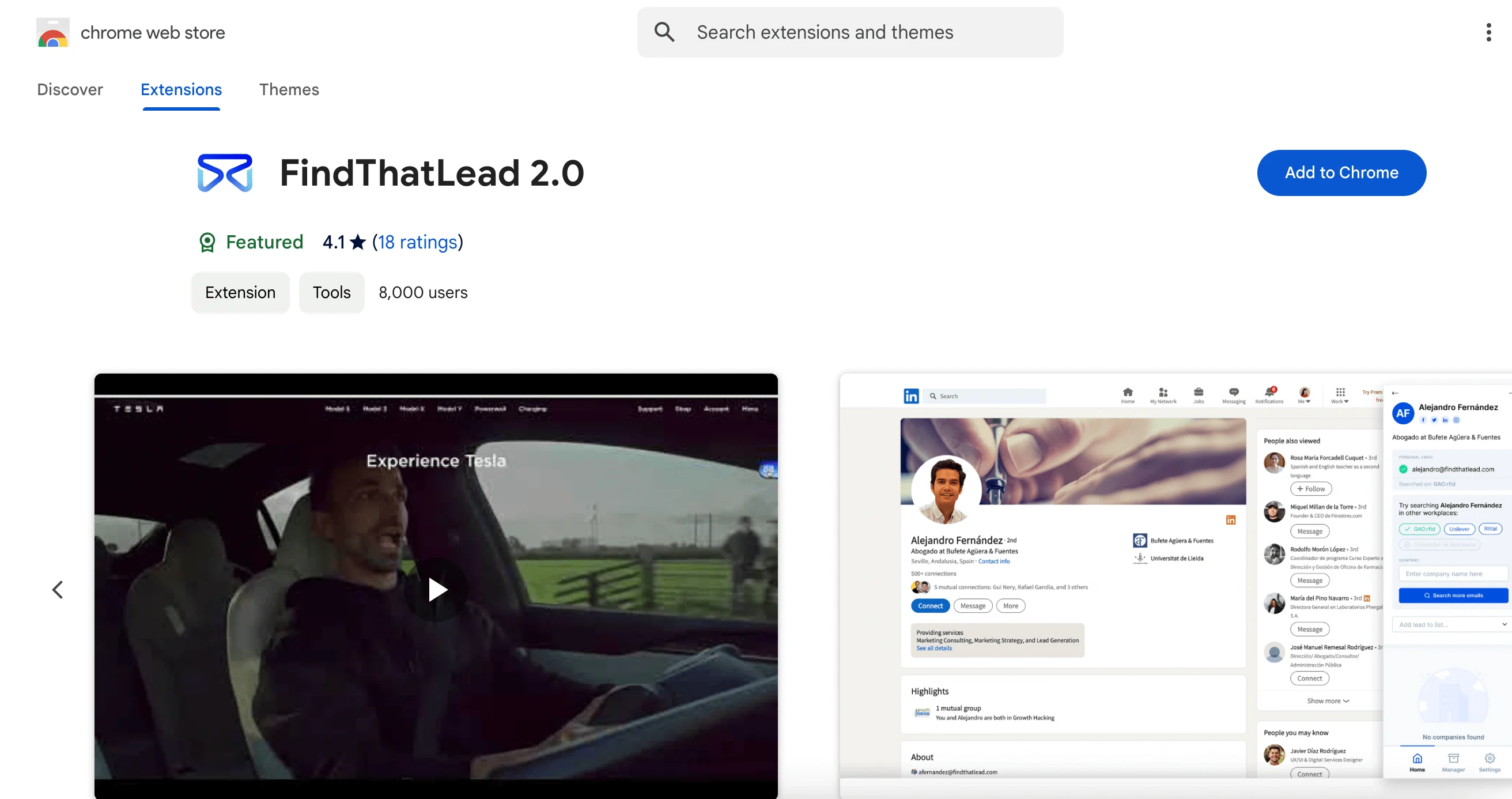 Chrome web store page for the FindThatLead extension that is rated 4.1 stars based on 18 ratings