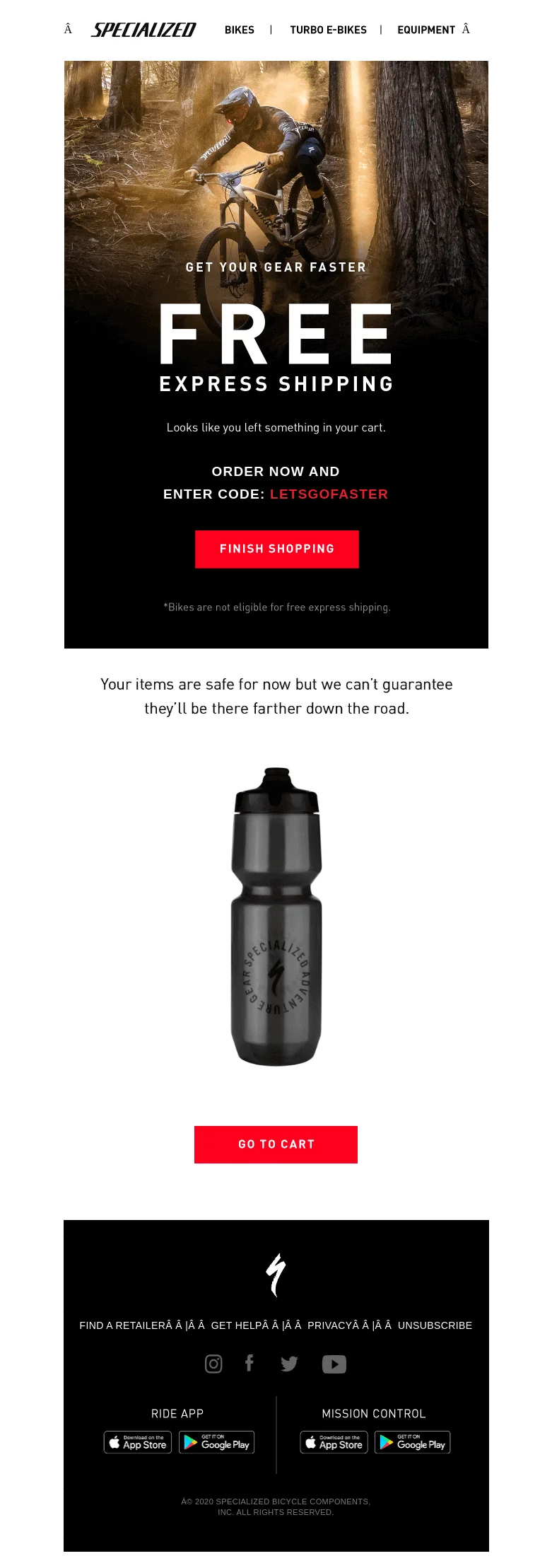 An abandoned cart email from Specialized featuring an image of a water bottle and a CTA button “Go to cart”