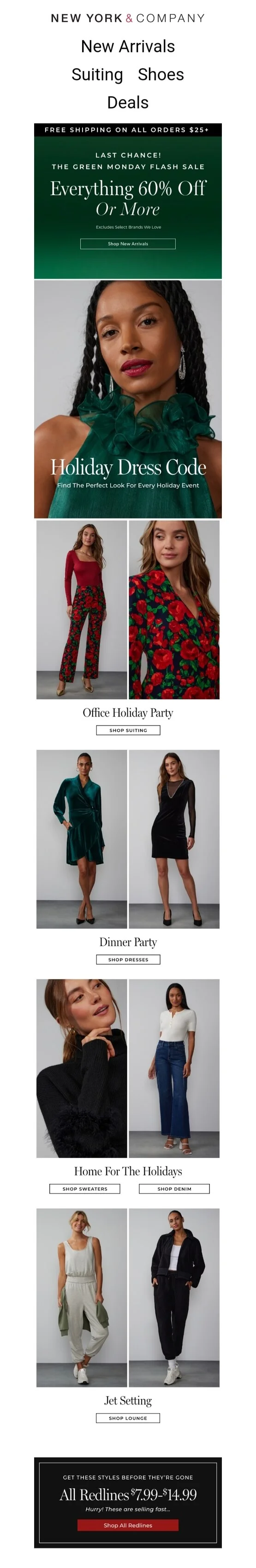 New York & Company's Green Monday sale email campaign offering 60% off and a few product options for different occasions (office party, jet setting, dinner party, and staying at home)