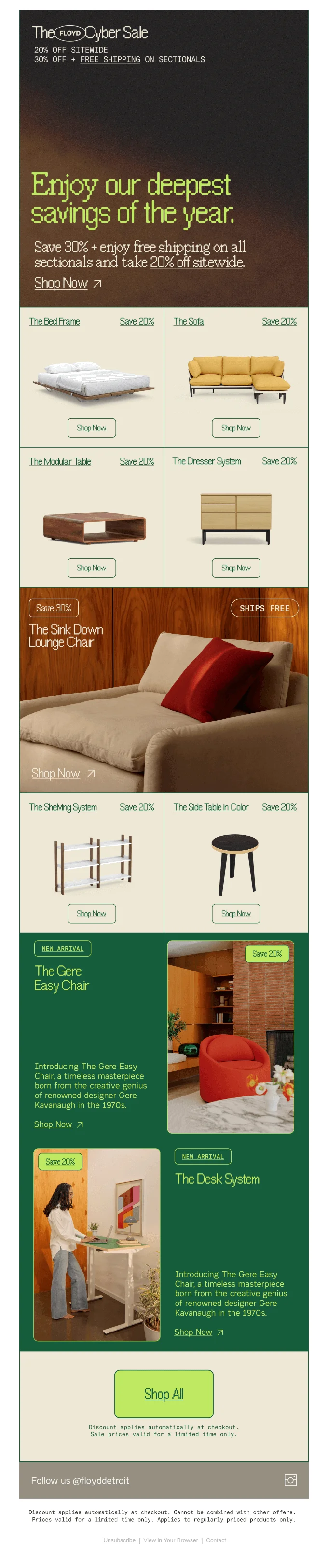 An email from Floyd featuring images of furniture and promoting a deal on “all sectionals”