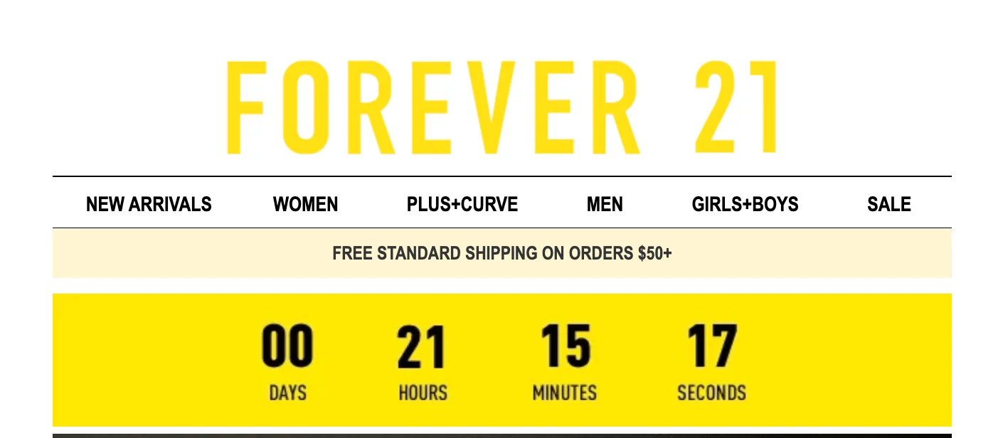A header section of an email from Forever 21 featuring a countdown GIF and information about free shipping