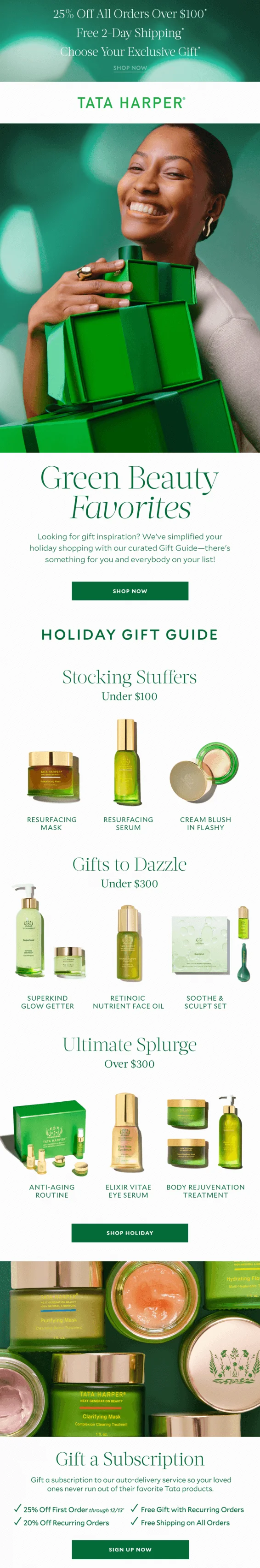 A Green Monday email campaign by Tata Harper with product recommendations for three different price tiers and a suggestion to gift a subscription