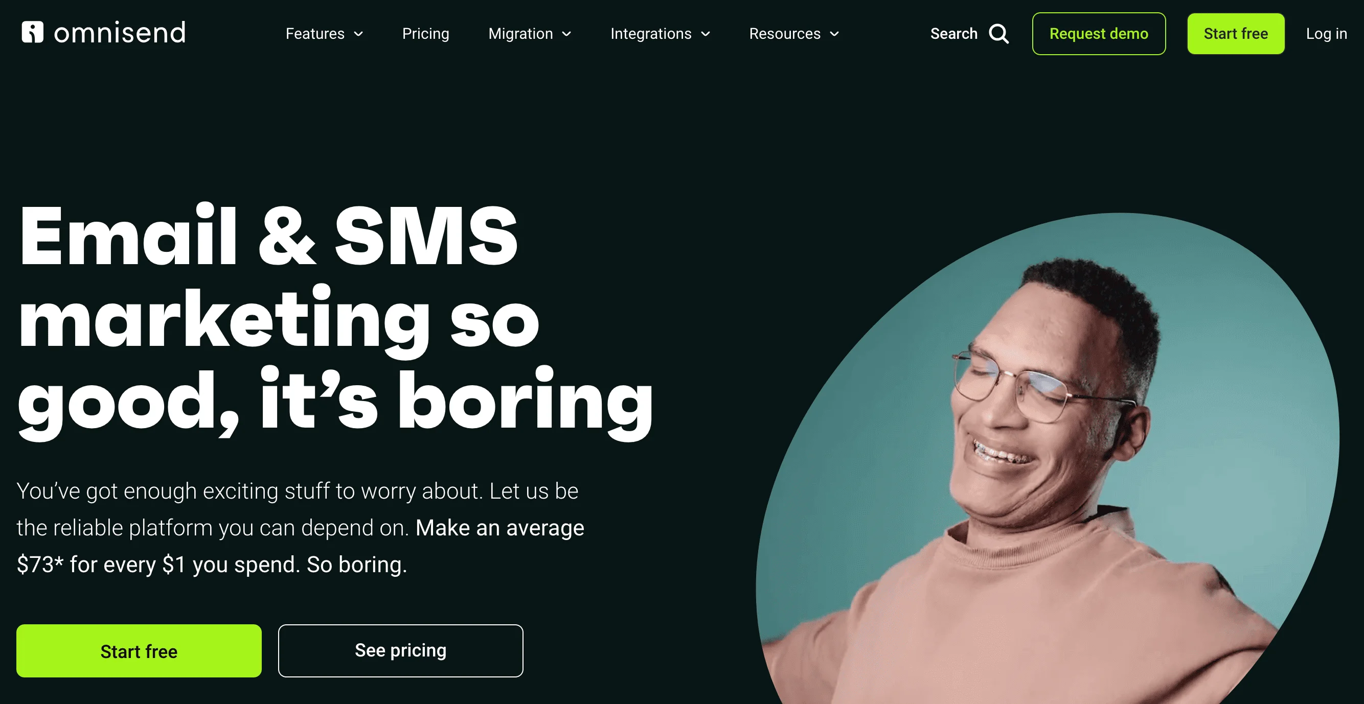 Omnisend email marketing platform homepage with the heading “Email & SMS marketing so good, it’s boring”