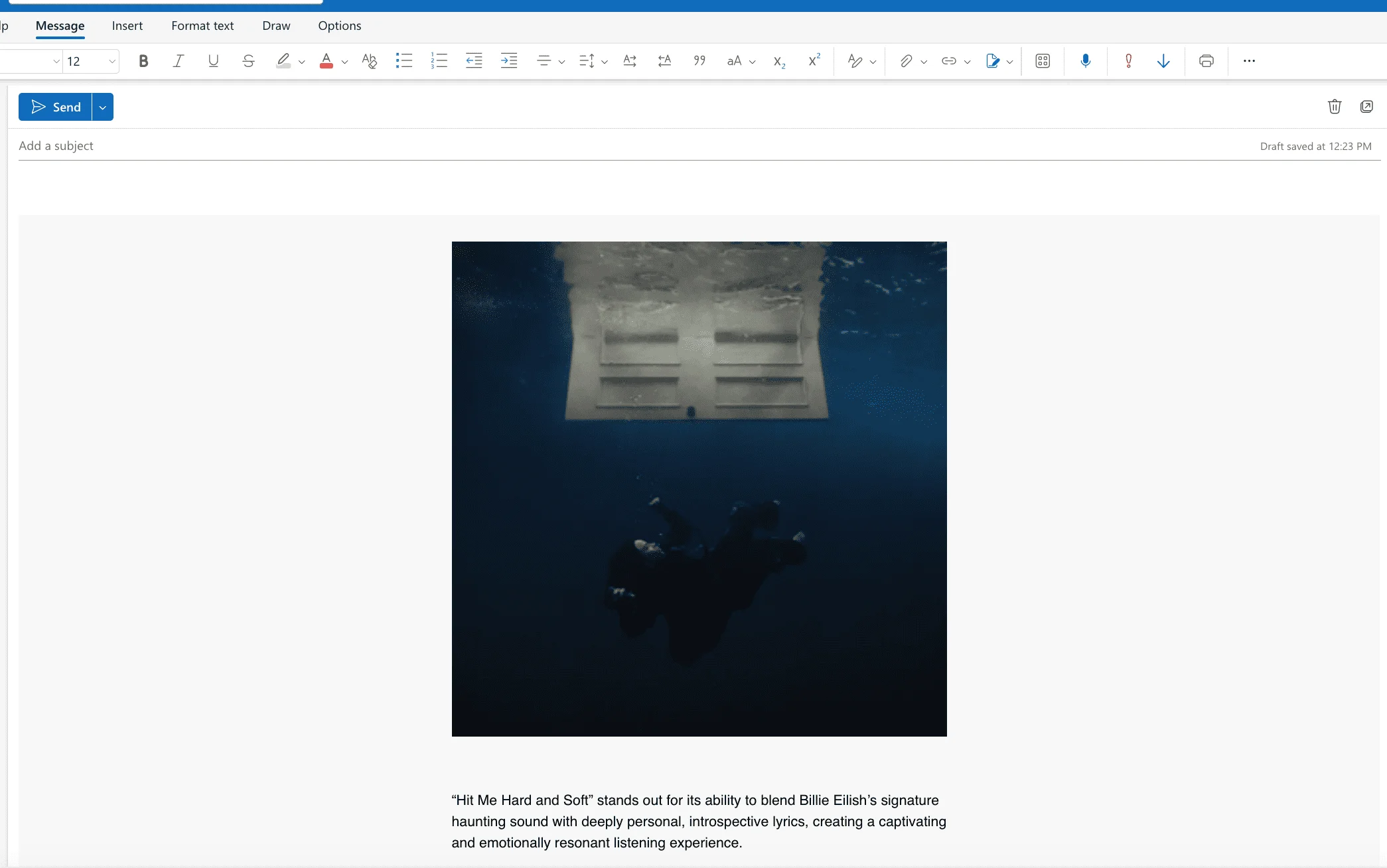 Outlook’s New email window featuring a cover of Billie Eilish’s album Hit Me Hard and Soft and a short description