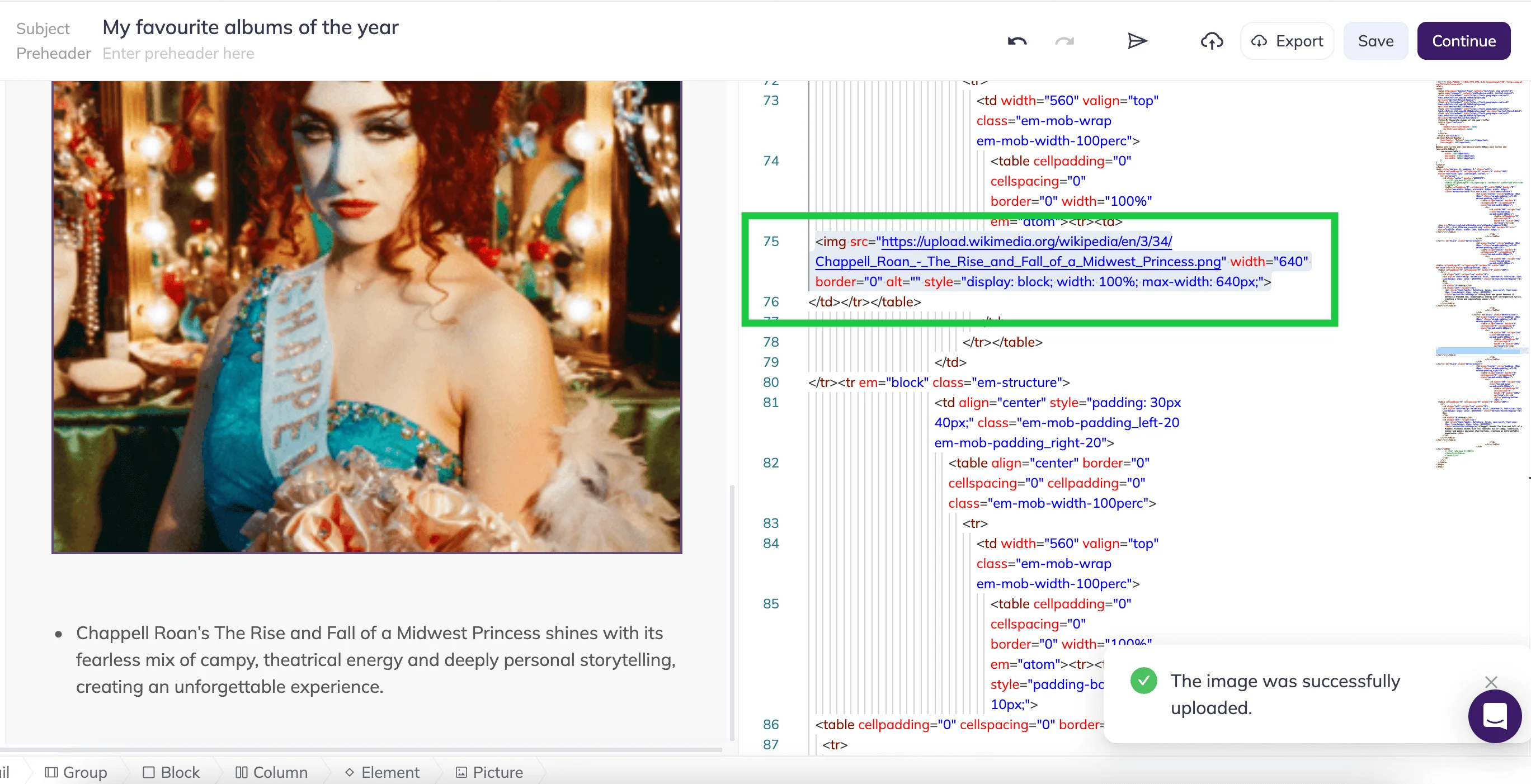 Selzy’s email builder featuring HTML code and Chappel Roan’s album cover in the email preview