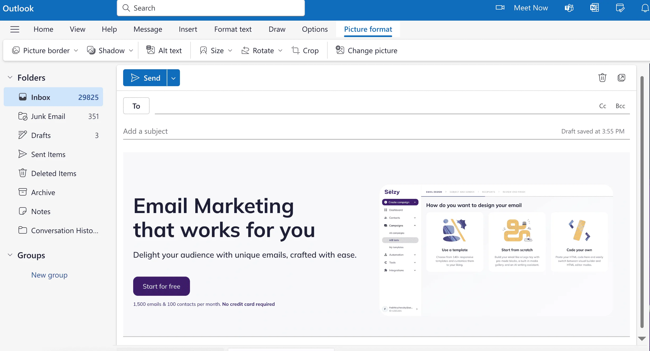 Outlook’s New email window featuring a screenshot of Selzy’s starting page