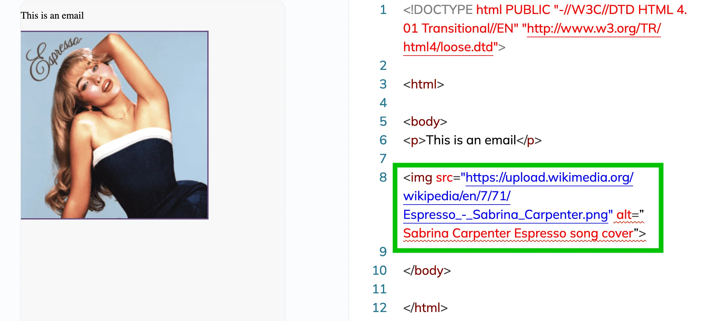 Selzy’s email builder featuring HTML code and Sabrina Carpenter’s Espresso song cover in the email preview