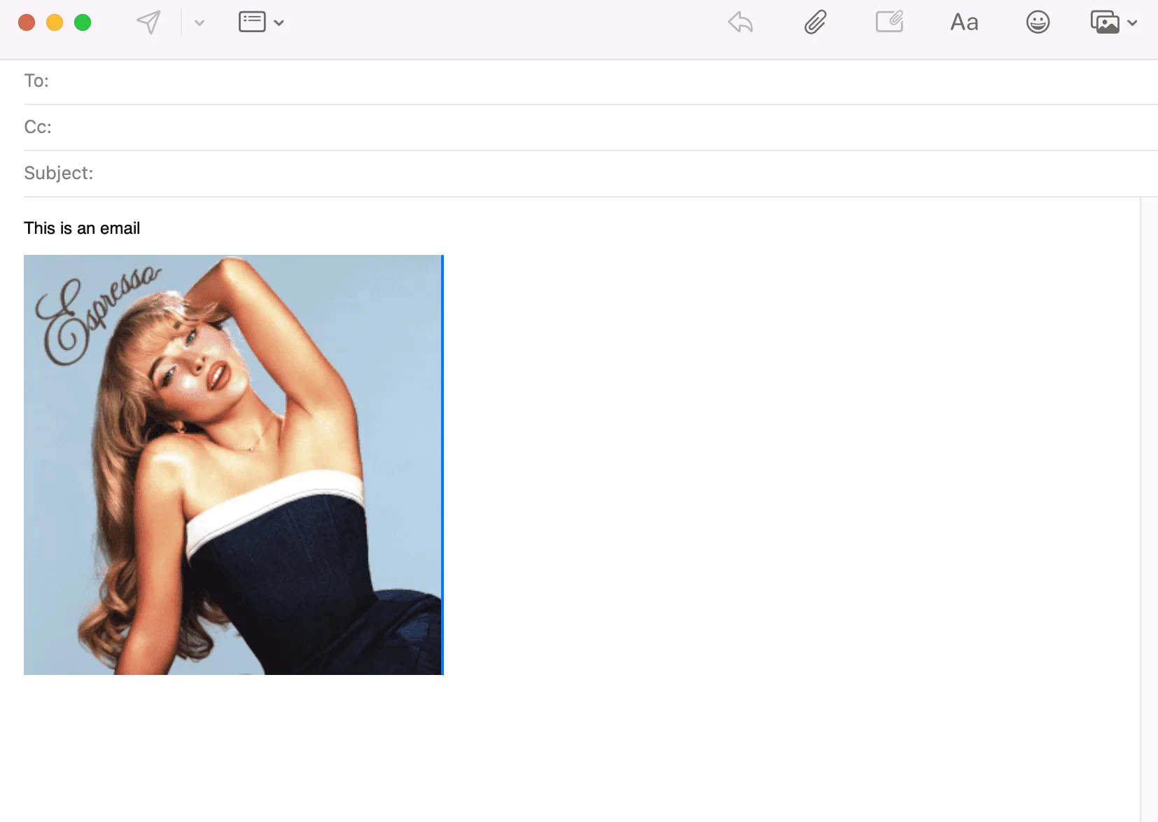 Apple Mail window with an email draft that includes Sabrina Carpenter’s Espresso song cover