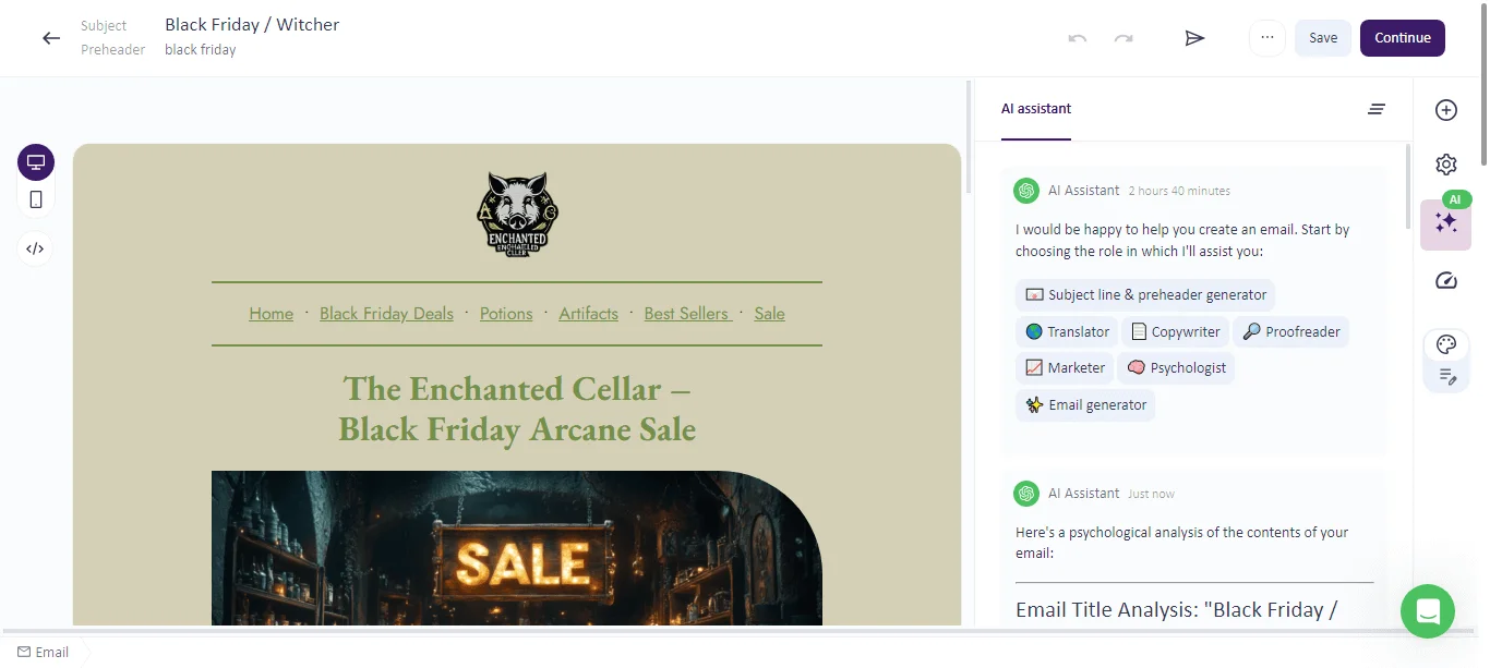 An email preview with AI tools for subject lines, proofreading, and marketing tips.