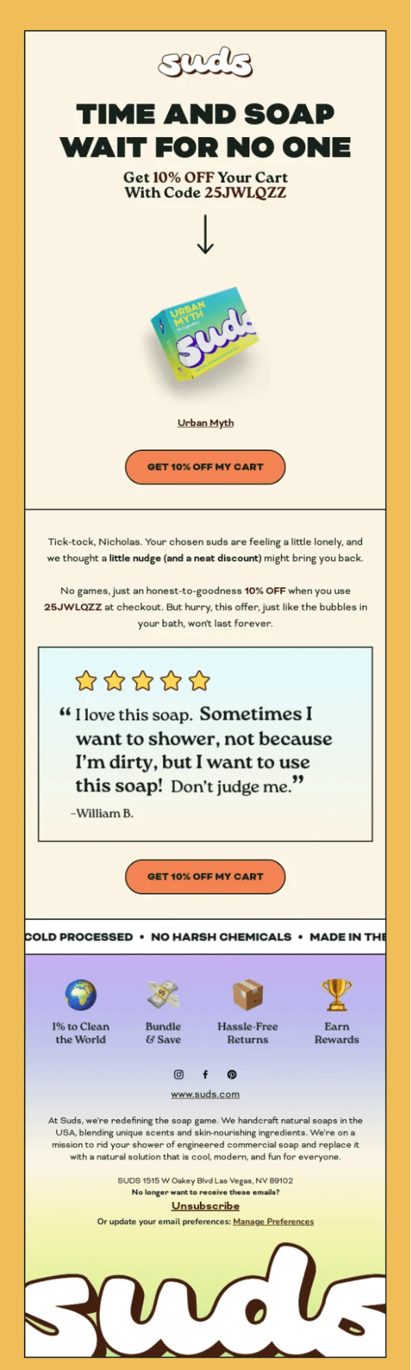 Email from Suds with one positive review and a 10% discount button