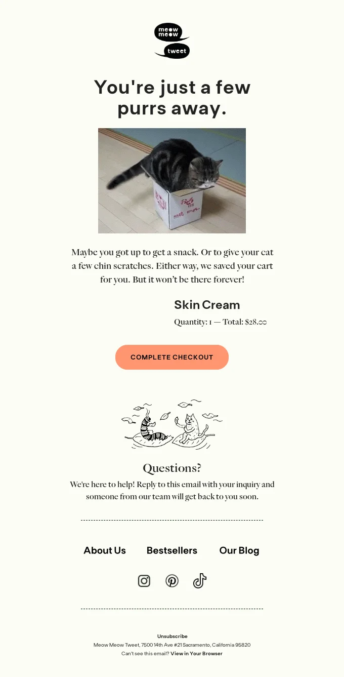 Abandoned cart email from Meow Meow Tweet with a cat photo and a tagline “You’re just a few purrs away”