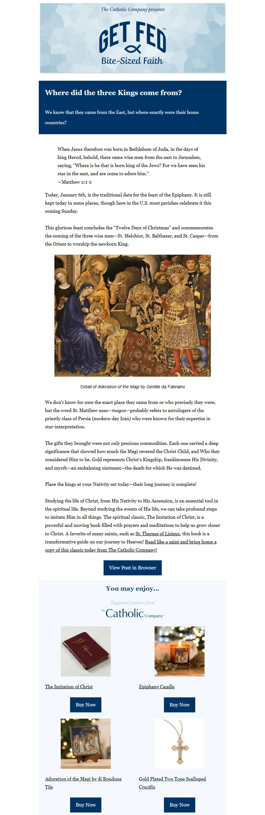 The Epiphany-themed email by The Catholic Company talks about the Three Kings' origins and ties it to selling their products