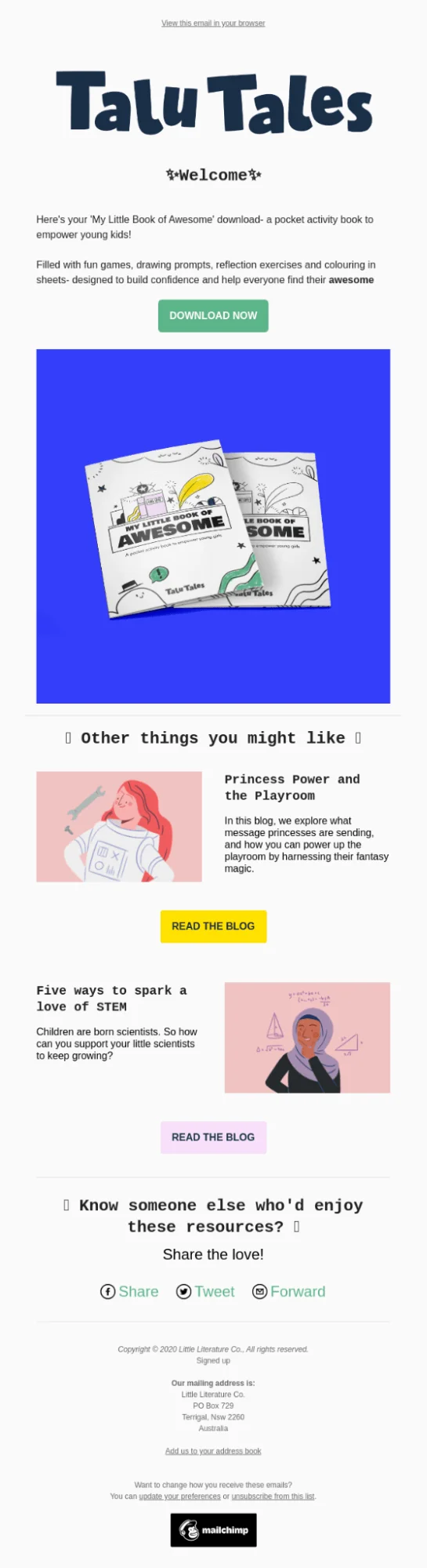 Email from Telu Tales introducing a downloadable ebook and blog articles on encouraging children to learn what they’re interested in