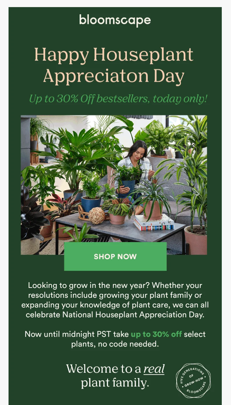 An email campaign by Bloomscape with a celebratory 30% off for a National Houseplant Appreciation Day