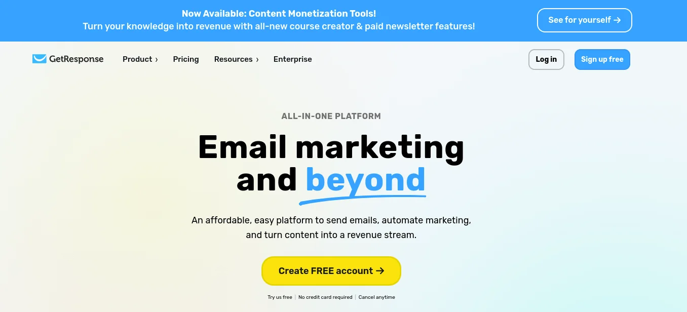 GetResponse email marketing platform’s homepage with the heading “Email marketing and beyond”