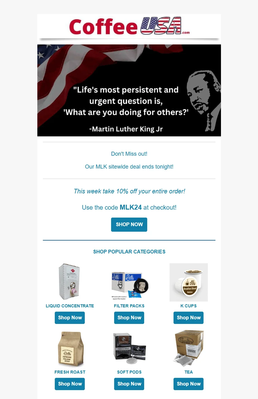 An email by Coffee Wholesale USA in honor of Martin Luther King Jr. Day with a 10% discount
