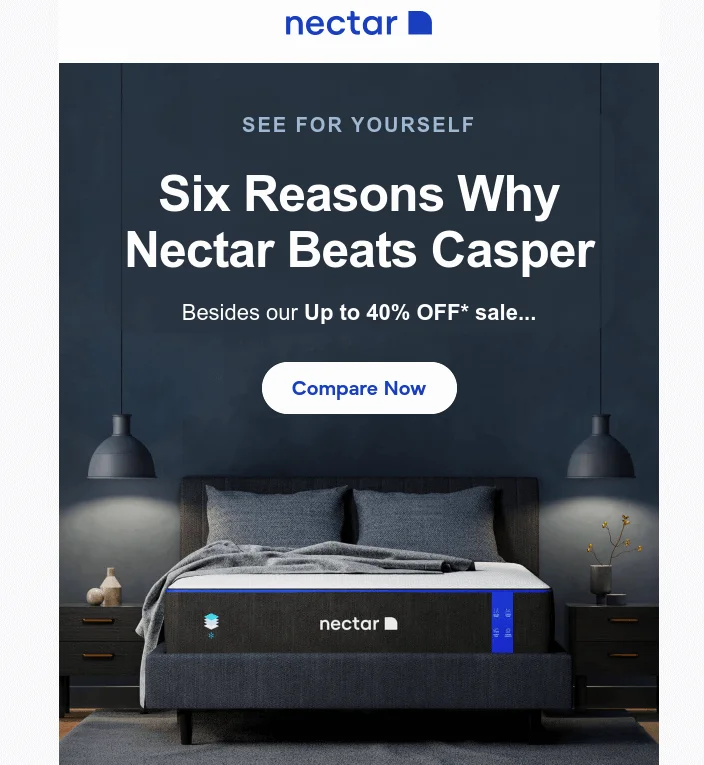 Email from Nectar with a CTA “Compare now” and a copy that encourages subscribers to compare Nectar mattresses with Casper, which is a popular mattress retailer