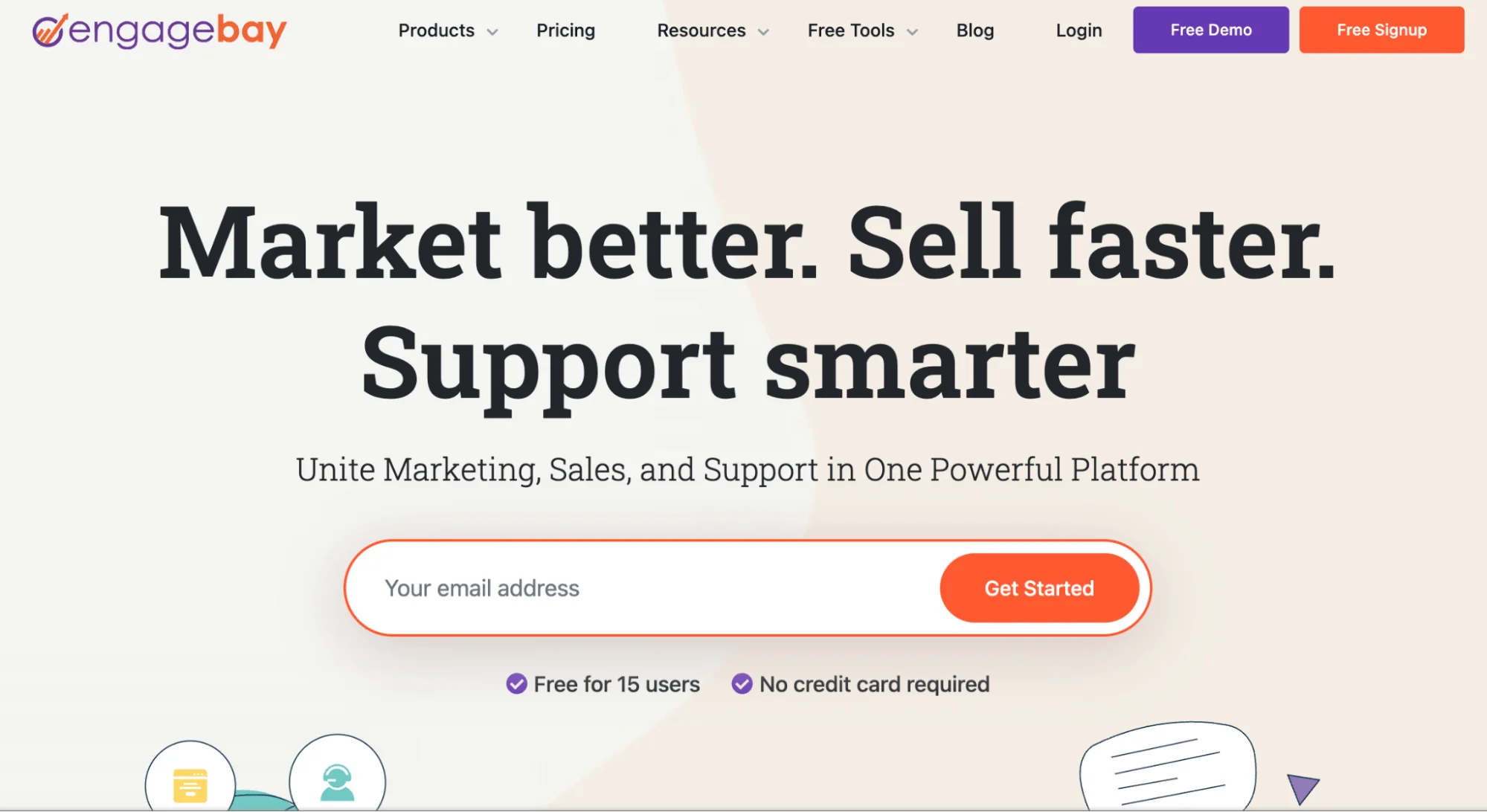 EngageBay email marketing platform homepage with the heading “Market better. Sell faster. Support smarter”