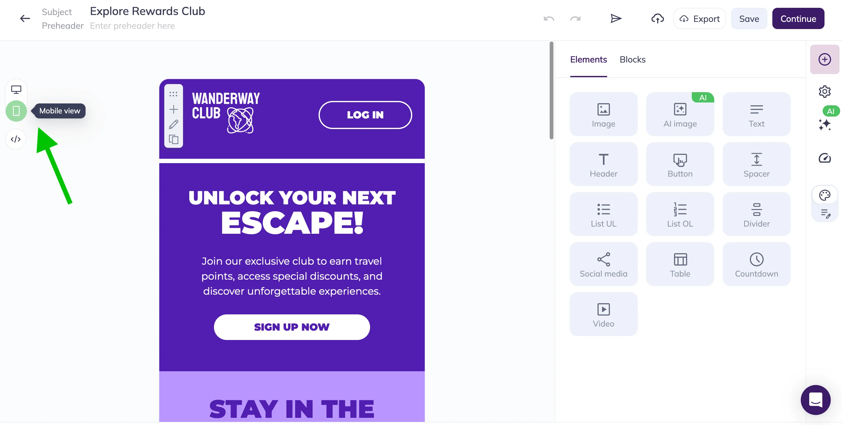 An email template in Selzy’s builder with an arrow pointing at the display selection option that is set on mobile