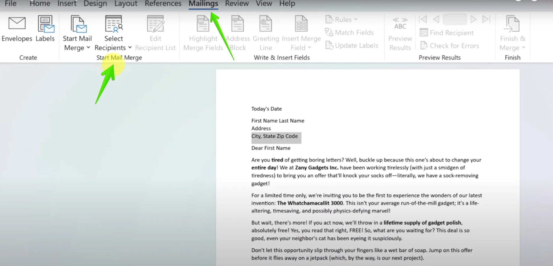 Microsoft Word window with Mailings and Start Mail Merge options