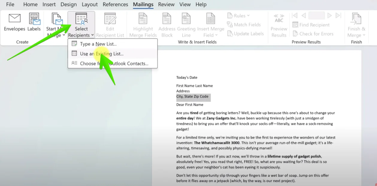 Microsoft Word window with Select Recipients and Use an Existing List options