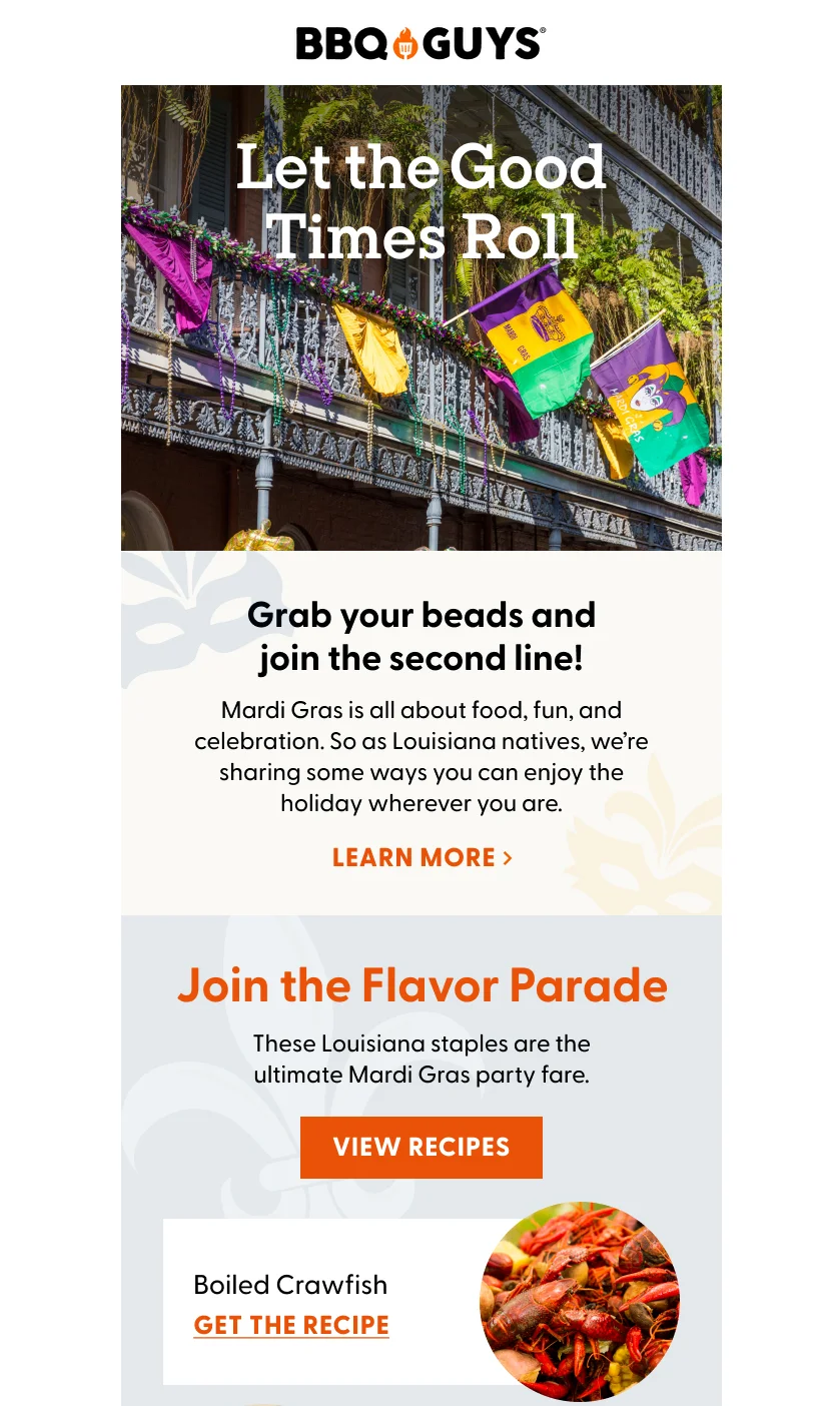 BBQ’ Guys email marketing campaign with the heading “Let the Good Times Roll!”