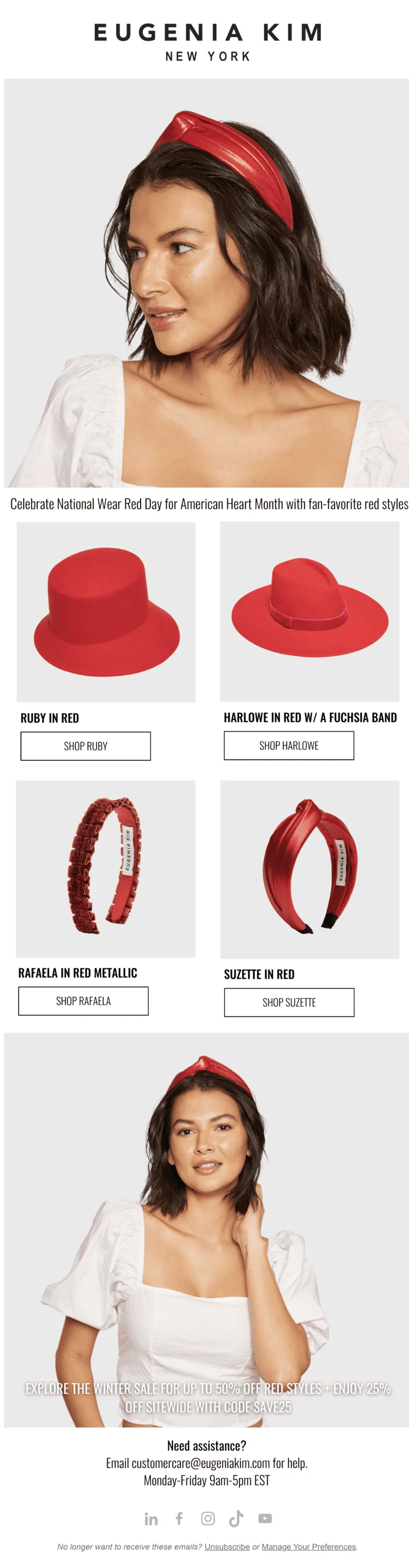 An email from Eugenia Kim that promotes hats and headwear for Wear Red Day
