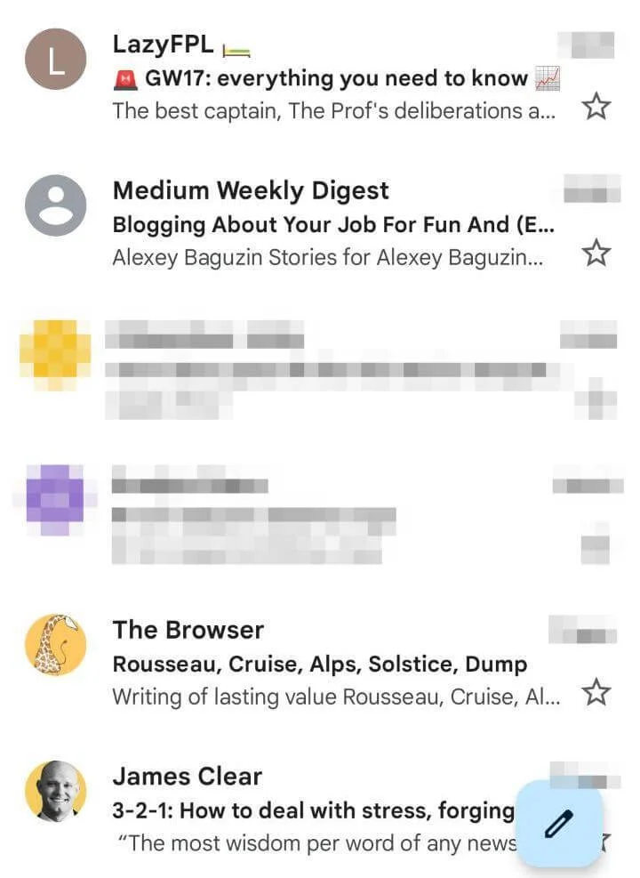 Four email newsletters with preheader texts cut off