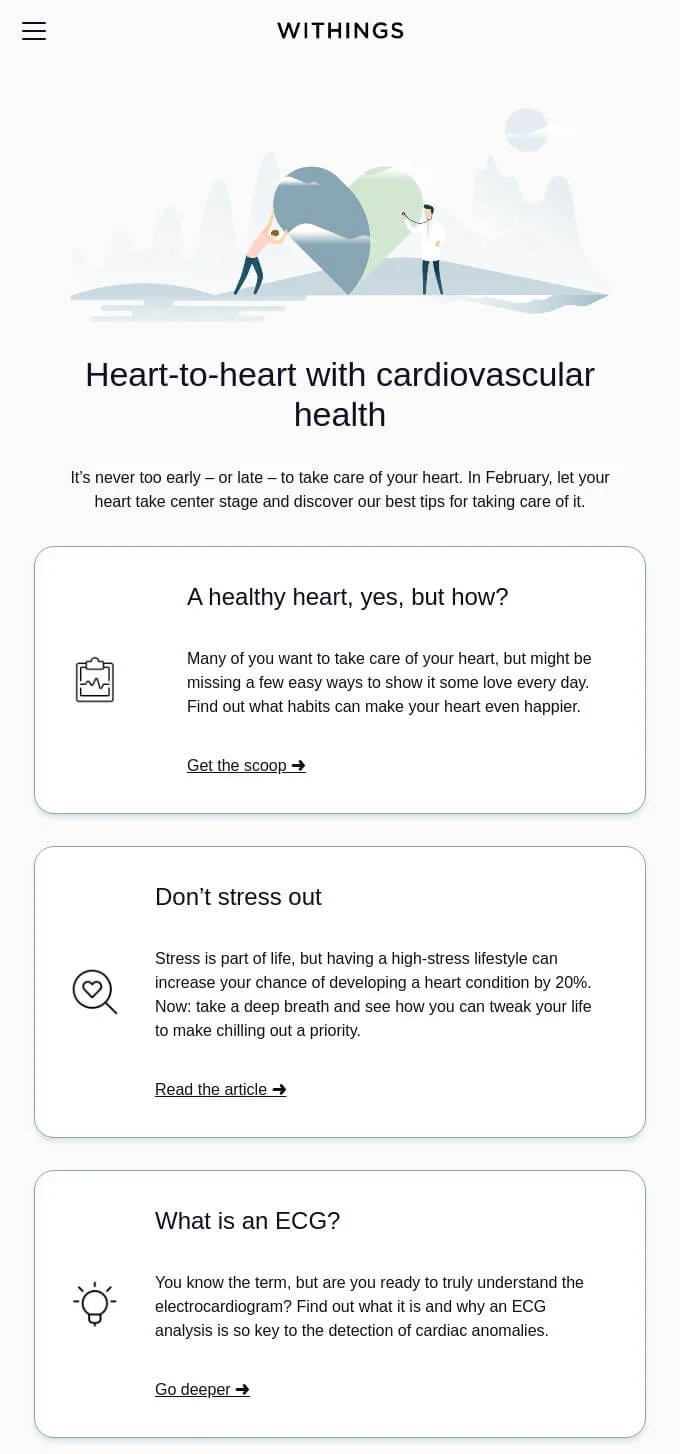 An email from Withings with several sections, each dedicated to an article on reducing heart problems