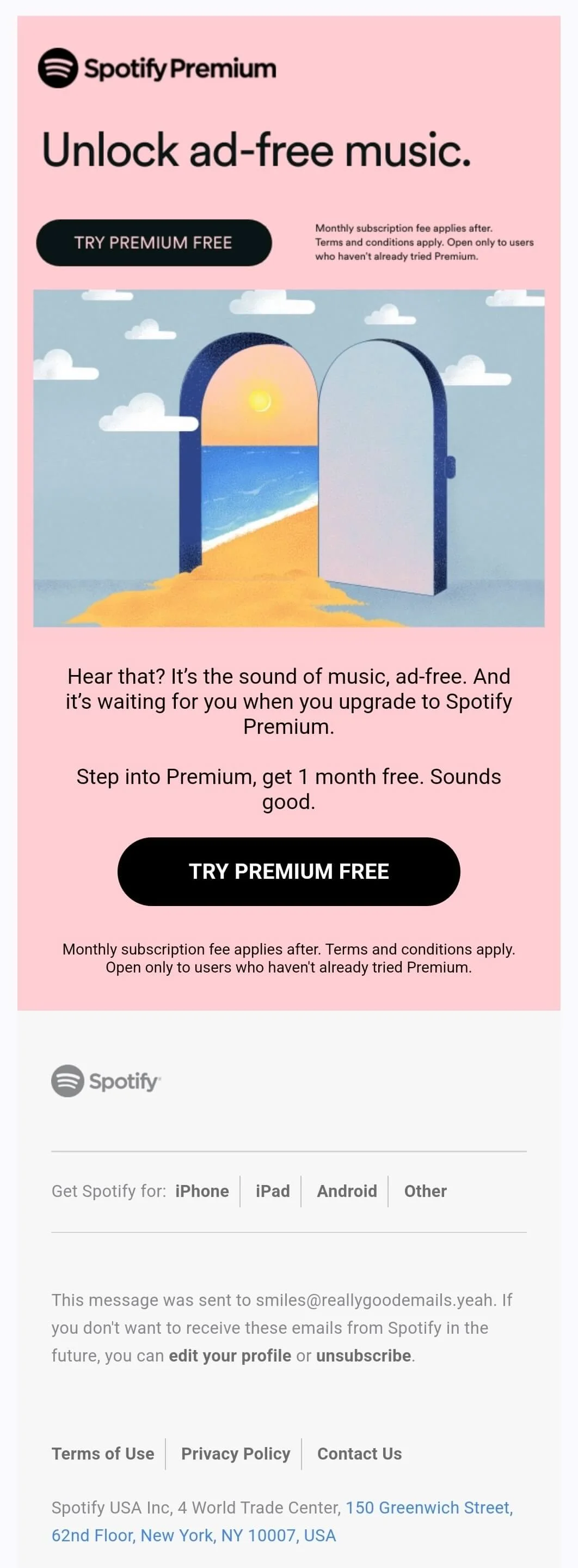 An email from Spotify offering a one-month free Premium subscription and an ad-free experience