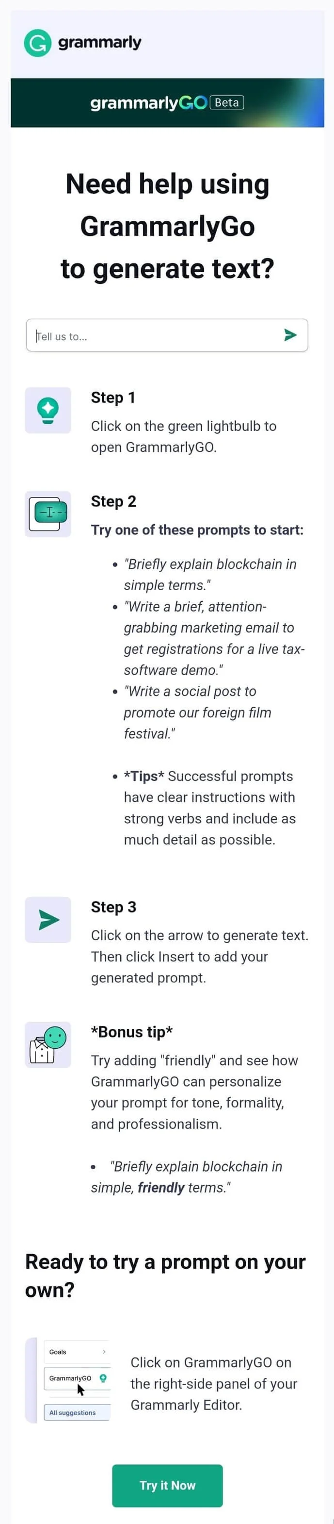 A manual from Grammarly on how to use their new AI assistant with 3 steps and some tips