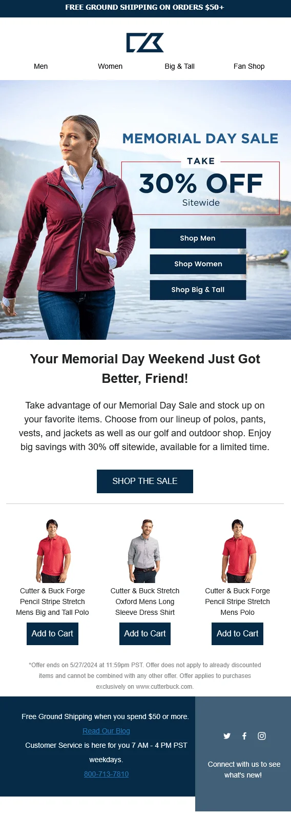 Cutter and Buck email marketing with a 30% Off Memorial Day Sale