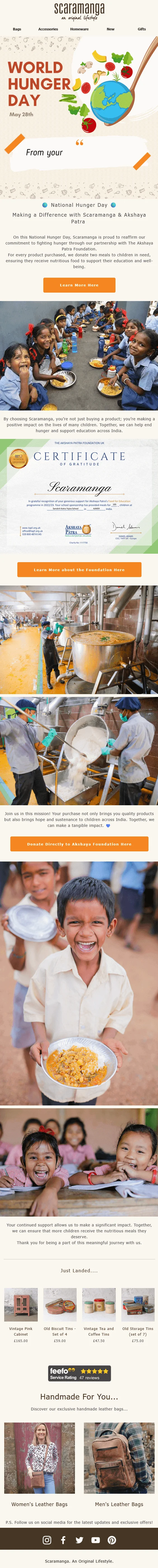 Scaramanga email for World Hunger Day features its commitment to donating to a Foundation that feeds children in need.
