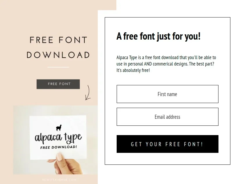 A free font as a lead magnet example by Hewitt Avenue