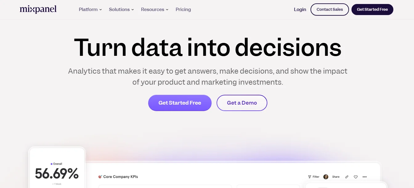 Mixpanel’s homepage showing hero text, call to action buttons to get started for free and get a demo