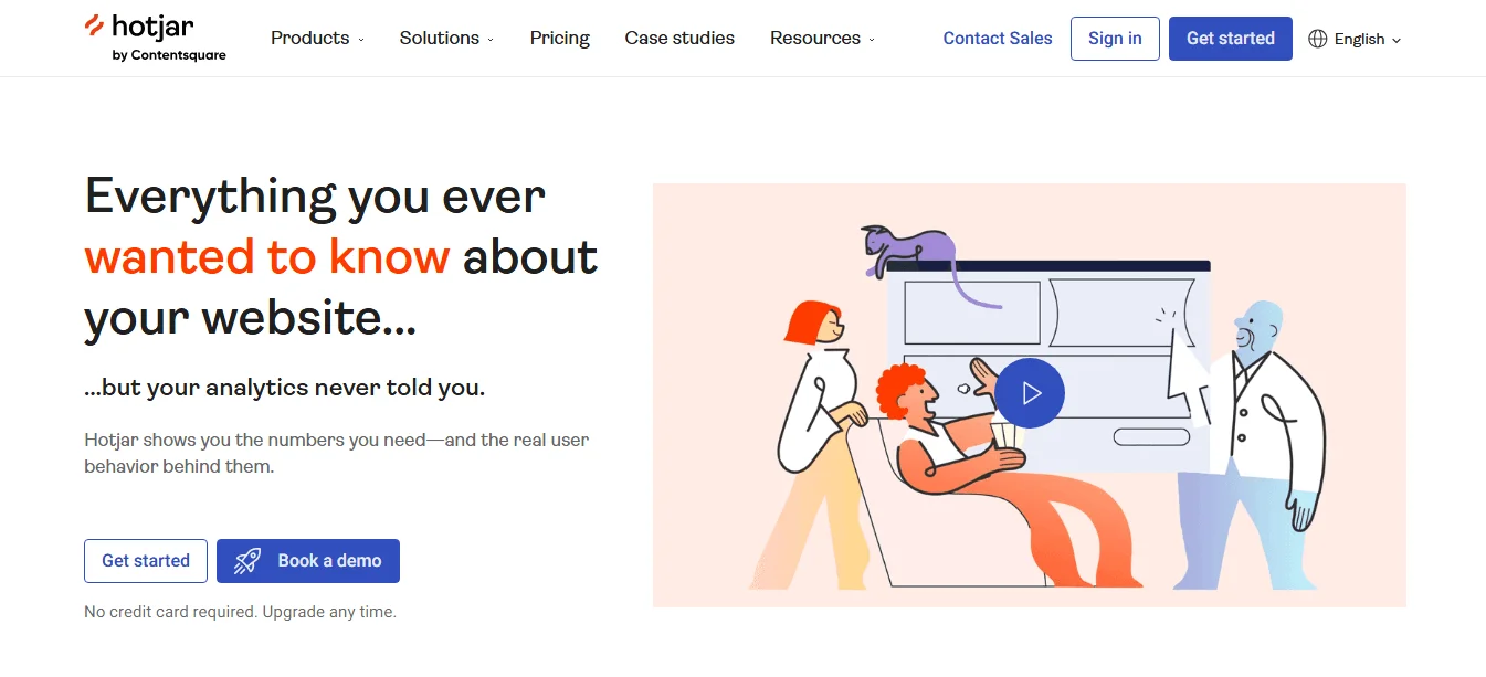 Hotjar’s homepage showing hero text and call to action buttons to book a demo and get started